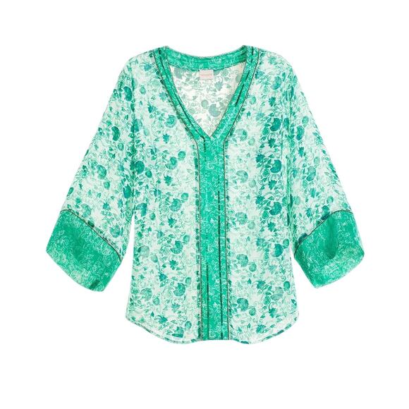 Chico's Sz 0 Congo Floral Tunic Green Print Sheer Embellished V-neck Blouse - Picture 3 of 13